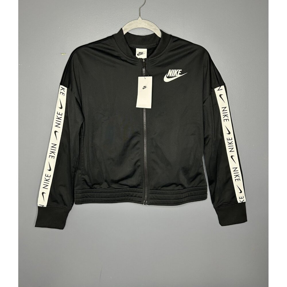 Nike Jacket Youth XL Black White Logo Swoosh Track Full Zip CU8374 Lightweight‎
